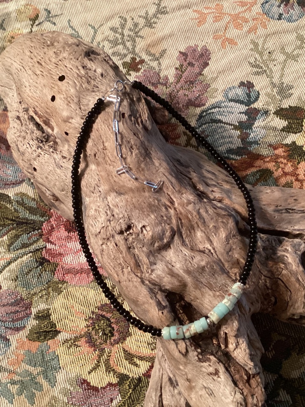 Black Seed Bead Necklace w/ Multicolored Aqua Sea Sediment Jasper Rondelles